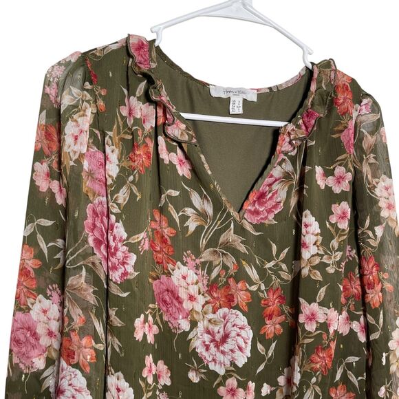 Haven & Blair Blouse Women's Small Green Metallic Floral Boho Sheer 3/4 Sleeve - Picture 2 of 11
